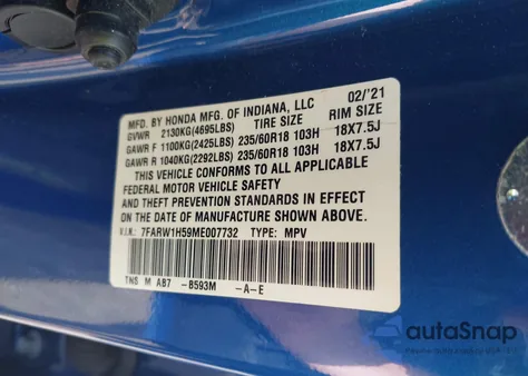 2021 Honda Cr-V 2Wd Ex from USA, damaged, VIN 7FARW1H59ME007732